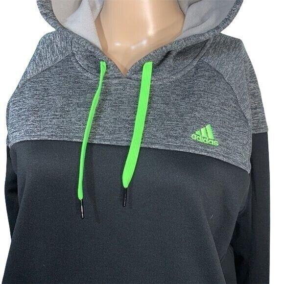 Adidas Womens Hoodie Sweatshirt Fleece Lined Pullover Sporty Black Green Large - Picture 2 of 13